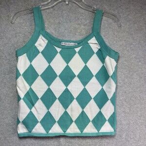 Vintage Y2K Diamond Argyle Tank Top Woman’s M Teal and White 90s Preppy Sweater